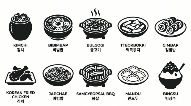 Korean Restaurant Menu Icons Including Kimchi Korean BBQ Bibimbap Noodles and Side Dishes Vector
