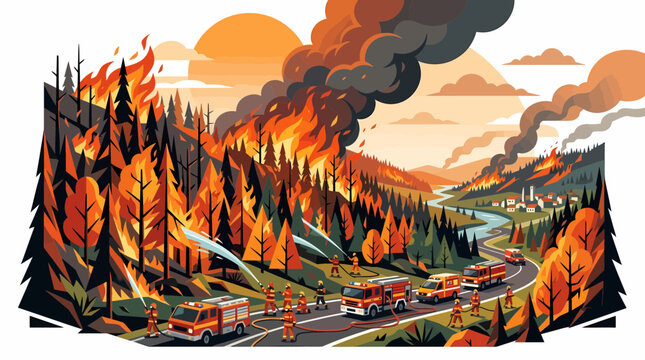 Vector illustration of firefighters battling a massive wildfire in a coniferous forest. Emergency vehicles like fire trucks and ambulances on a road near a village and river.