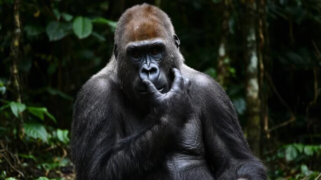 Gorilla examines surroundings with thoughtful expression. Lush green forest setting enhances natural ambiance. Concept of wildlife observation, conservation, primate research