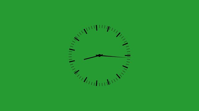 Clock spinning, watch animation on green background with alpha channel. Clock icon flat style. 12 hours clock dial , twenty-four hours time lapse animation. Analog clock spinning animation.