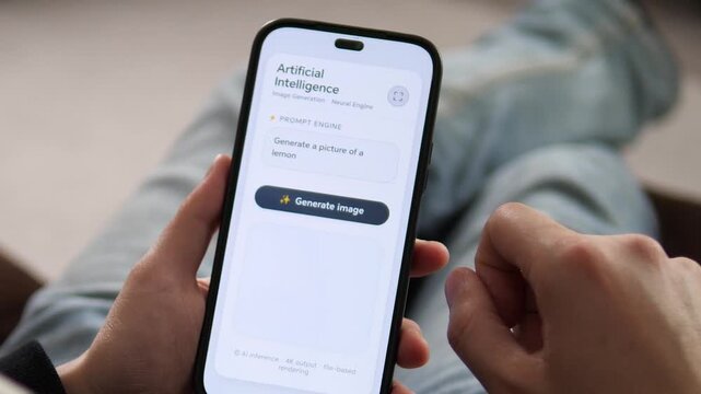 Hands holding a phone displaying a powerful AI image creation tool. The future of creative content generation in your pocket. Top-tier footage for tech lifestyle videos, innovation blogs, and AI start