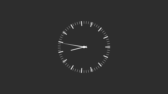 Clock spinning, watch animation on black background with alpha channel. Clock icon flat style. 12 hours clock dial , twenty-four hours time lapse animation. Analog clock spinning animation.