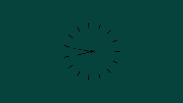Clock spinning, watch animation on teal background with alpha channel. Clock icon flat style. 12 hours clock dial , twenty-four hours time lapse animation. Analog clock spinning animation.