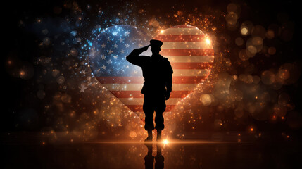 Fototapeta premium Silhouette of saluting soldier with American flag heart for Veterans Day patriotic image featuring soldier saluting in front of American flag shaped like heart perfect for Memorial Day or Veterans Day