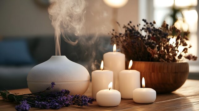 Aroma diffuser emitting gentle steam beside lit candles and dried floral arrangement on wooden surface