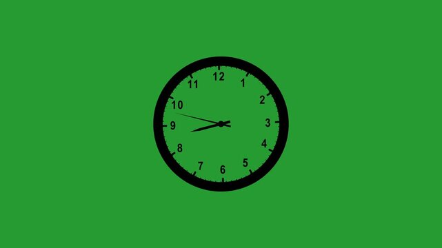 Clock spinning, watch animation on green background with alpha channel. Clock icon flat style. 12 hours clock dial , twenty-four hours time lapse animation. Analog clock spinning animation.