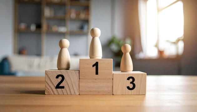 Wooden podium with first, second, and third place figures, representing leadership, achievement, business success, recognition, competition, and top performance.