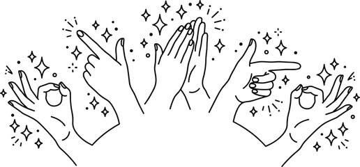 Human hands clapping pointing and showing okay gesture with sparkling magic stars doodle sketch vector illustration © MstHusna