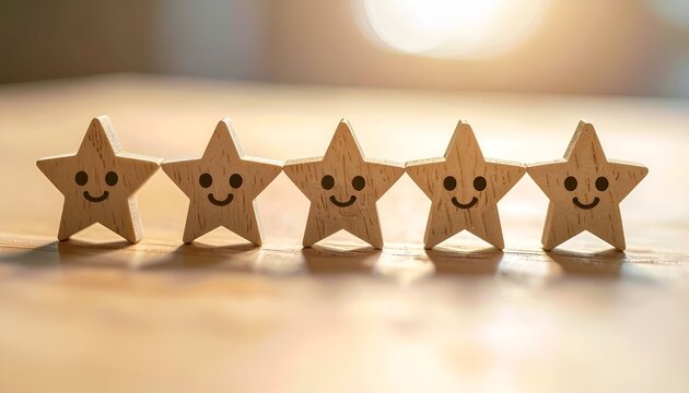 Five smiling wooden stars line a soft table. Warm light glows behind them gently