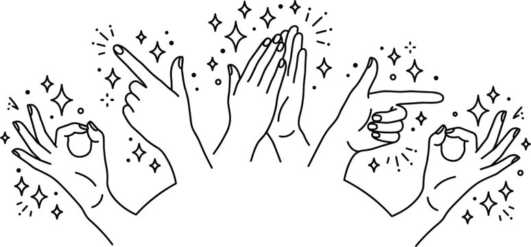 Human hands clapping pointing and showing okay gesture with sparkling magic stars doodle sketch vector illustration