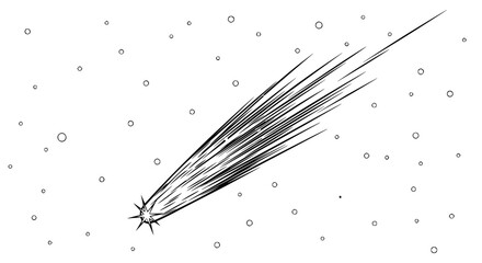Hand-drawn comet streaking through starry night sky, black and white illustration. © illustration