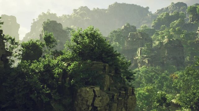 Misty jungle cliff draped in vines, soft morning light filters through dense canopy, ancient limestone outcrop covered in moss and ferns, low fog pooling