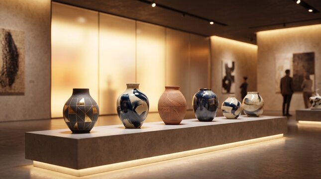 Vases on display in a museum gallery with warm lighting