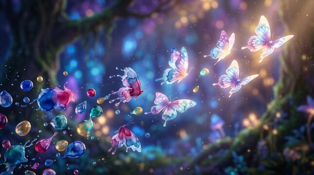 Colorful butterflies flying in forest with glowing bubbles