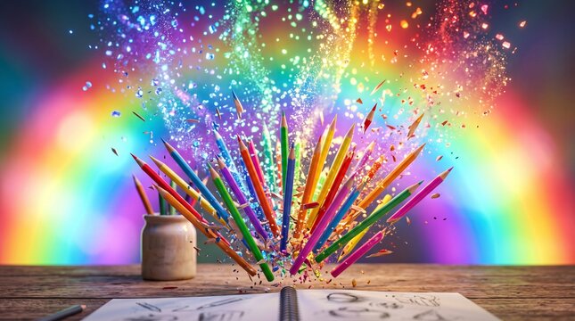 Colorful pencils exploding from a jar on a desk with rainbow background