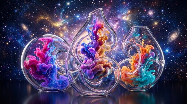 Vibrant colorful liquids in glass bulbs against starry night sky