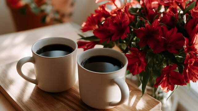 Two ceramic coffee cups are arranged amongst vibrant red flowers creating a warm and romantic still life composition bathed in gentle daylight