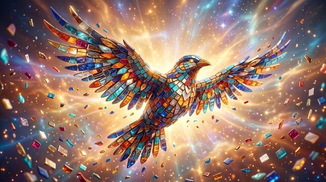 Vibrant Bird in Flight with Colorful Feathers and Confetti