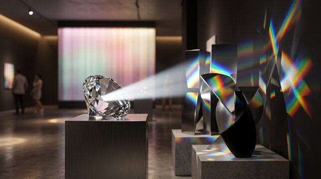 Modern Art Sculptures on Display in Gallery with Prismatic Light