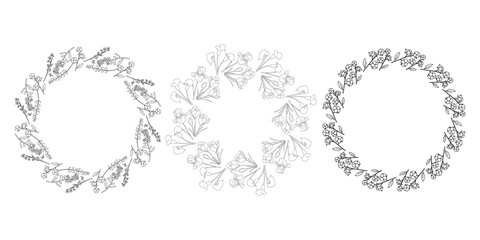 Minimalist floral wreaths in line art style with blossoms and leaves, three circular designs, elegant botanical illustration for invitations © Lipitorika