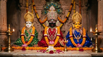 Obraz premium Intricately decorated realistic idols resting elegantly on a beautiful marble altar adorned with marigold garlands for the spiritual ratha yatra and jagannath ratha yatra puja