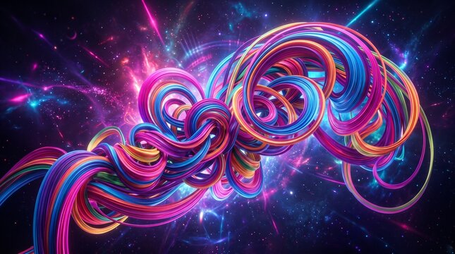 Vibrant colorful swirling neon light abstract design on dark background