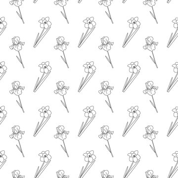 Seamless floral pattern with daffodil and iris line art, alternating blossoms and leaves arranged diagonally, elegant botanical design