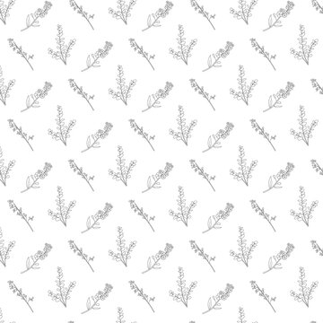 Minimalist seamless botanical pattern with delicate line art stems, flowers, and leafy branches arranged diagonally on white background
