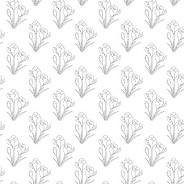 Delicate seamless floral pattern with clusters of three blossoms and slender leaves, outlined in minimalist line art, elegant design for textiles