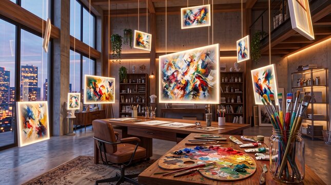 Artist studio with paintings and art supplies, modern interior