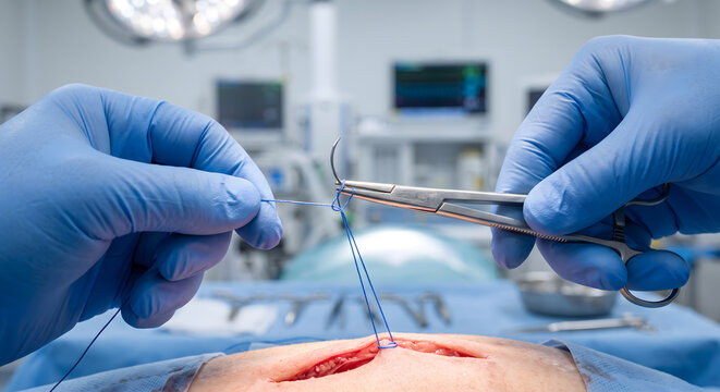 Surgeon performing surgical suturing process with needle and blue thread for wound closure during medical operation procedure.