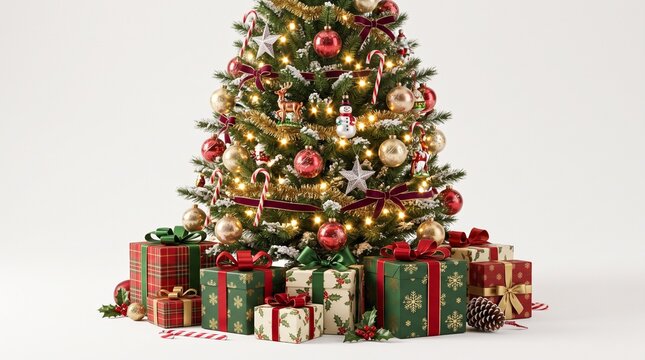 Decorated Christmas tree with presents on white background