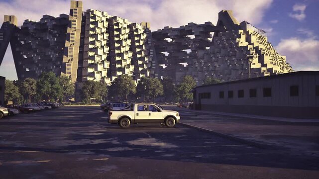 Survey vehicle parked near collapsed apartment block, mid afternoon light revealing pockmarked facade, site monitoring vibe with equipmentready truck and empty