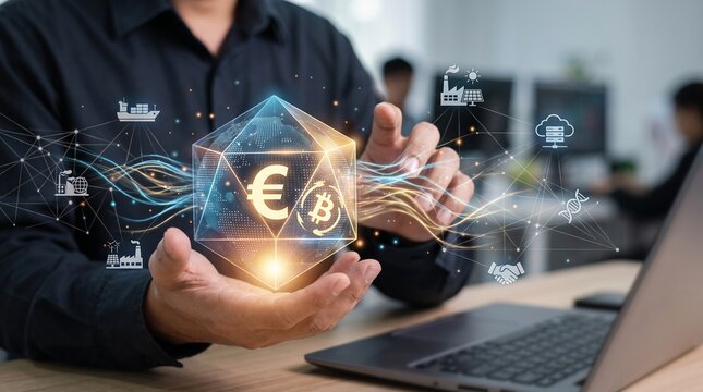 A man in an office holds a glowing digital euro symbol hovering above his hands.