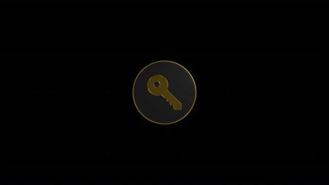 Metallic gold key symbol inside dark circular button rotating 360 degrees, isolated on transparent background.