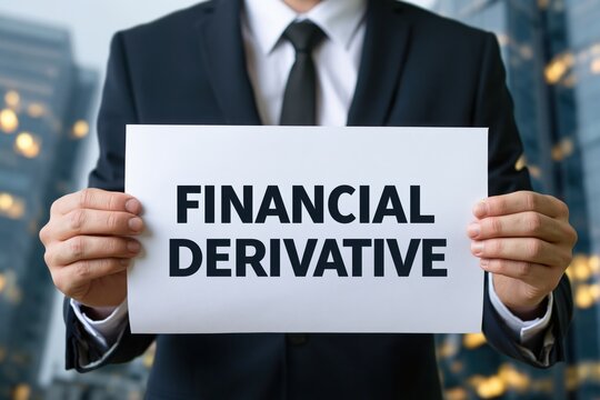 Corporate executive holding financial derivative concept sign