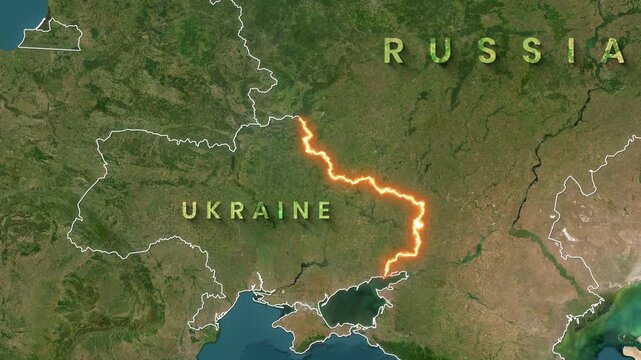 Animated map footage showing the border between Ukraine and Russia glowing