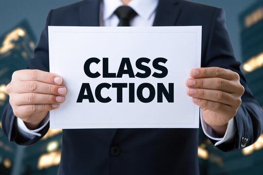 Male executive holding a white sheet of paper displaying class action against blurred city lights