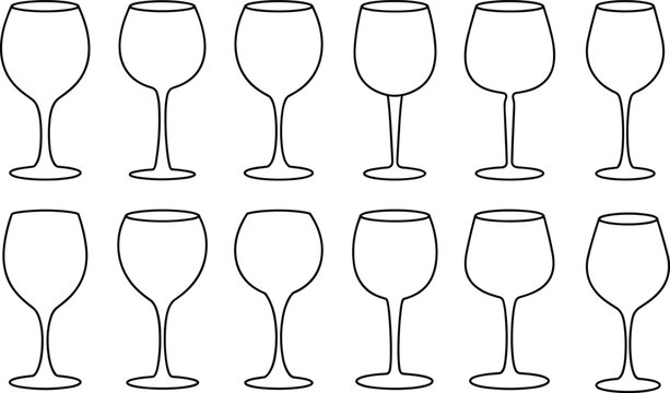 "Black outline vector illustration of ten different wine glass shapes for beverage design, barware, and product comparison"