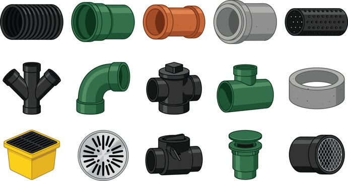 Drainage and Plumbing Pipe Fittings Vector Icon Set with Sewer Connectors, PVC Couplings, Floor Drains, Inspection Parts, and Water System Components