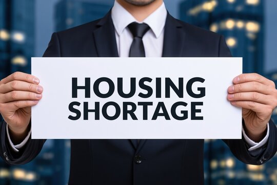 Businessman in dark suit holding a paper with housing shortage sign
