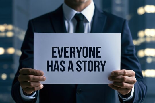 Businessman in dark suit holding a paper with everyone has a story sign