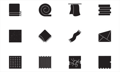 Modern textile and fabric icon collection featuring folded towel rolled fabric hanging cloth stacked materials scarf handkerchief woven patterns and soft textile symbols in clean vector silhouette sty © FatimaHossain