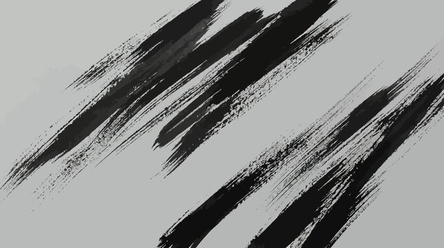 Diagonal black paint brush strokes pattern on grey textured background with artistic motion and energy.