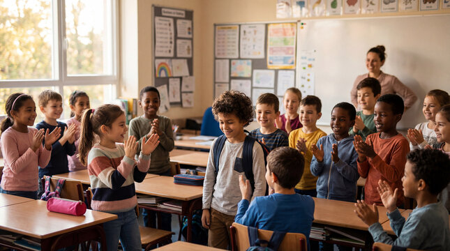 Children clap for smiling classmate with backpack in elementary classroom while teacher watches showing peer support first school day confidence inclusion friendship happy social learning