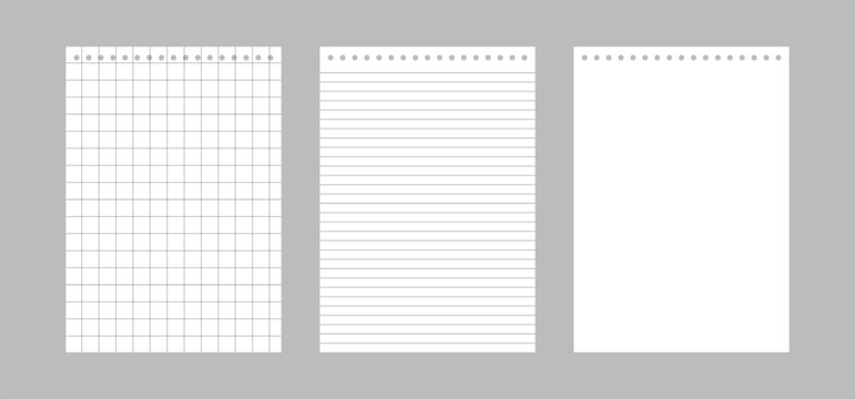 Different sheets of note papers on gray background. A4 notepad paper sheet set. notebook template. notepaper, texts, school kids and shayari. vector illustration