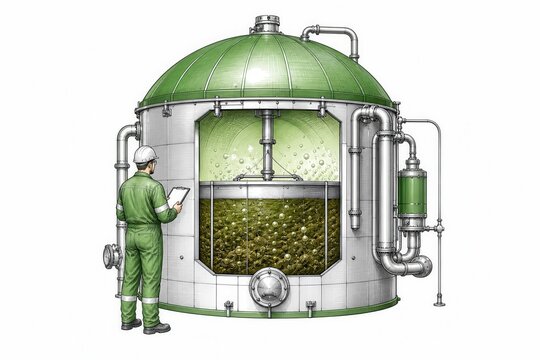 Biogas Production: Engineer inspecting an anaerobic digester at a renewable energy facility 