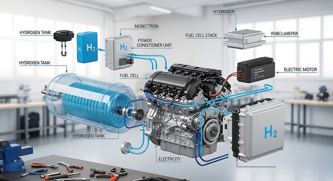 Detailed Schematic Illustration of a Hydrogen Fuel Cell Power System with Electric Motor and Hydrogen Tanks for Sustainable Green Transportation
