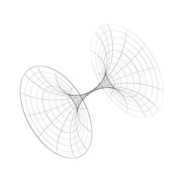 3D wireframe model of a hyperboloid surface with symmetrical funnel-like shapes connected at the center, abstract geometric design symbolizing mathematics