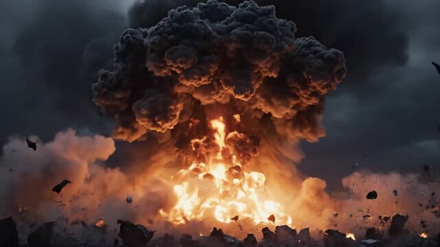 Massive explosion with fiery mushroom cloud and debris rising into a smoky sky, symbolizing destruction and intense power